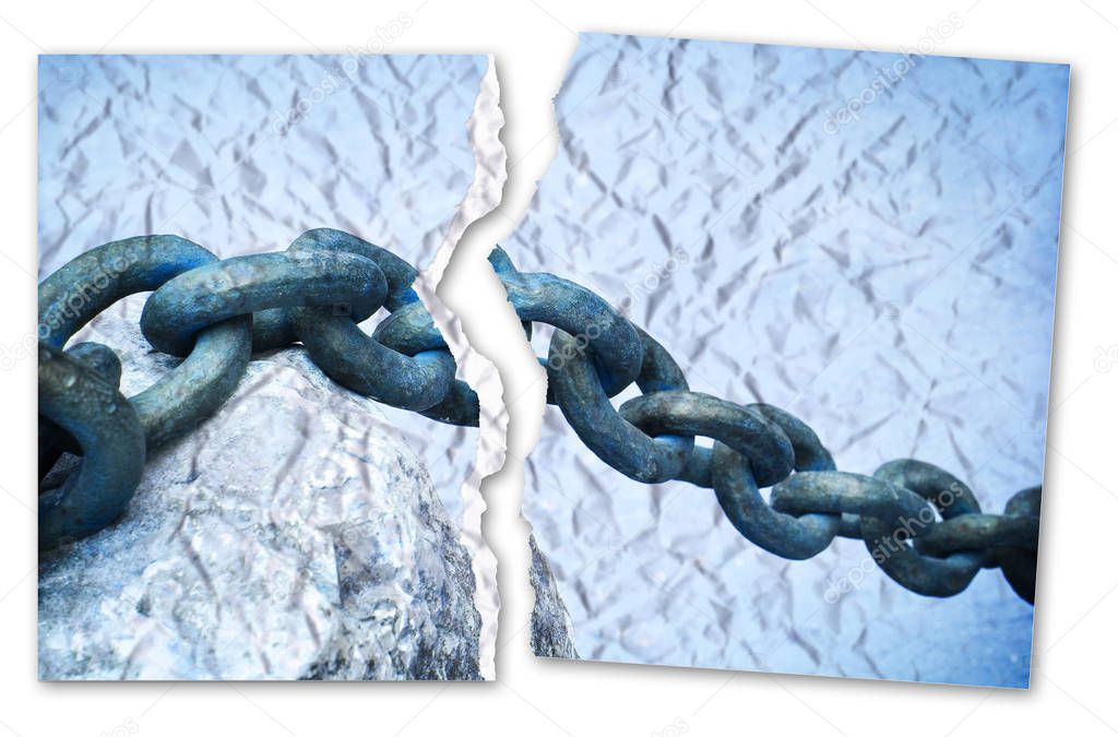 Breaking the chains - concept image with a ripped photo of an ol
