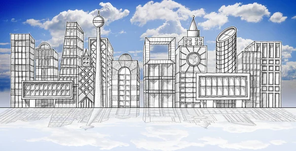 Desenhar o horizonte de uma cidade moderna hipotético lápis no wh — Fotografia de Stock