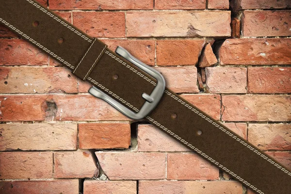 Old damaged and cracked brick wall held together with a containm — Stock Photo, Image