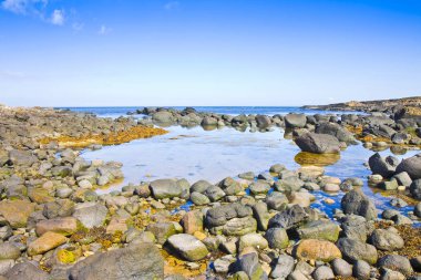 Bazalt kayaların blokları ile kuzey İrlanda'da İrlanda manzara 