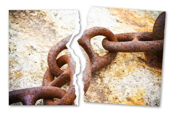 Breaking Chains Concept Image Ripped Photo Old Rusty Metal Chain — Stock Photo, Image