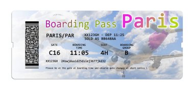 Paris 'e uçak biletleri beyazlar üzerinde izole edilmiş, görüntülerin içeriği tamamen uydurulmuş ve başka bir kişinin fikir mülkiyet haklarını ihlal etmiyor.