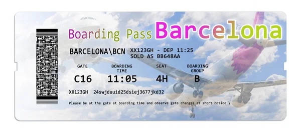 Billetes Avión Con Tarjeta Embarque Barcelona Aislados Blanco Contenido Imagen — Foto de Stock
