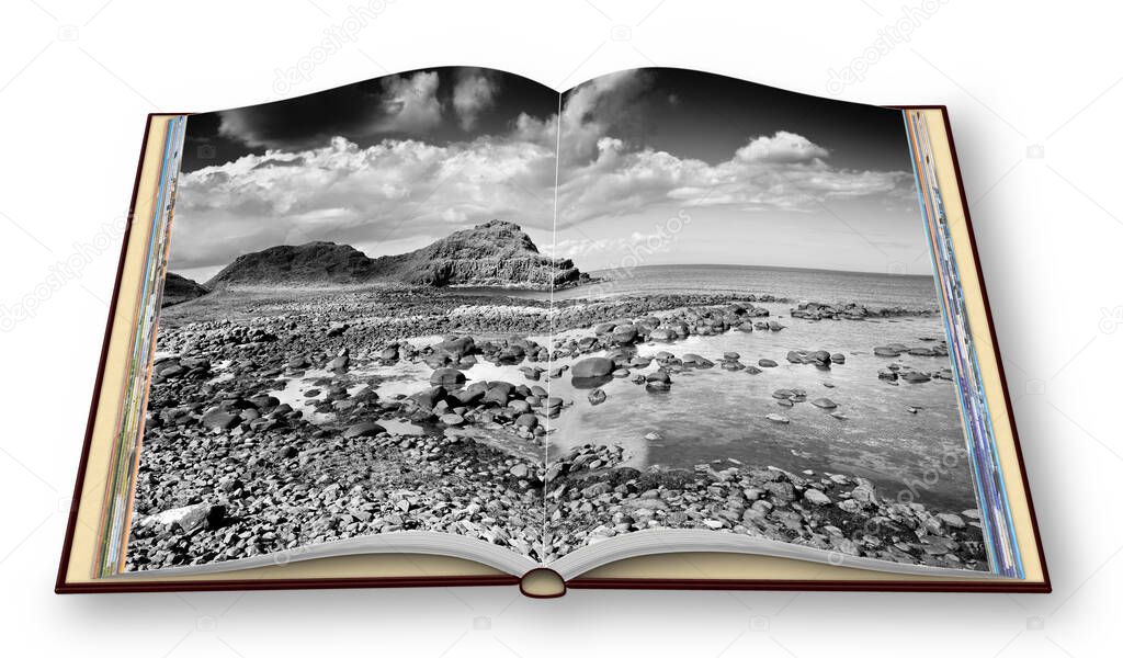 Irish landscape in northern Ireland (County Antrim - United Kingdom) - 3D render concept image of an opened photo book isolated on white - I'm the copyright owner of the images used in this 3D render 