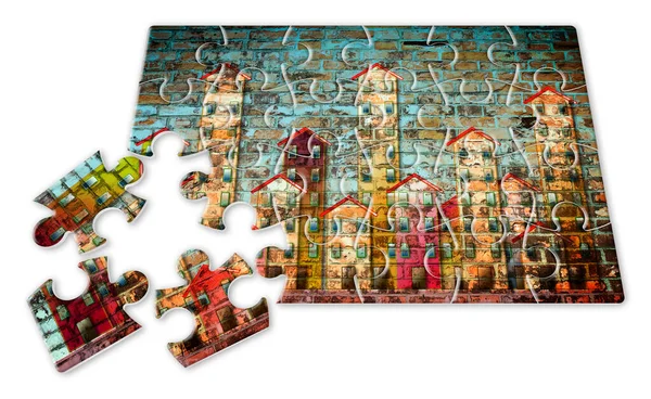 Immagine Concetto Edilizia Pubblica Dipinta Muro Mattoni Forma Puzzle — Foto Stock