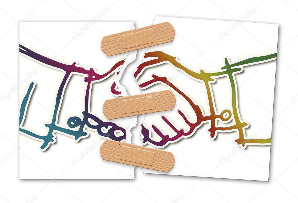 Ripped photo of a handshake against a white background - concept image with adhesive bandage