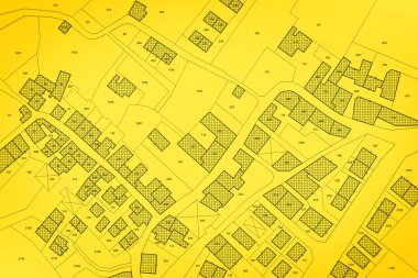 Binalar, arazi paketleri ve boş arsaların olduğu hayali kadastro haritası - Kadastro belgeleri ve sahiplik parsel kimliğiyle arazi kayıtları ve mülk kaydı