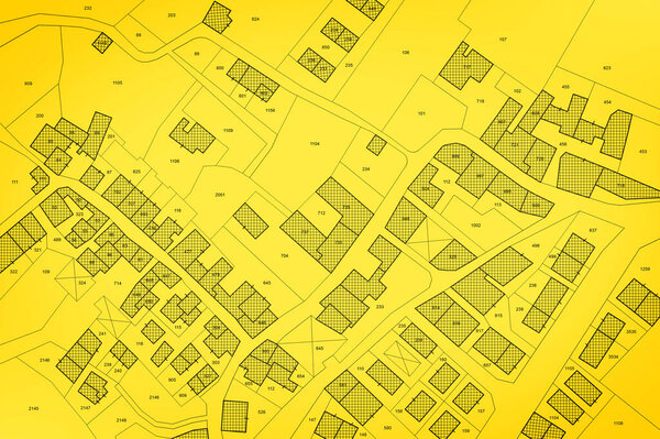 Воображаемая кадастровая карта со зданиями, земельным участком и свободным участком - земельные книги и реестр имущества с кадастровой документацией и идентификацией земельного участка