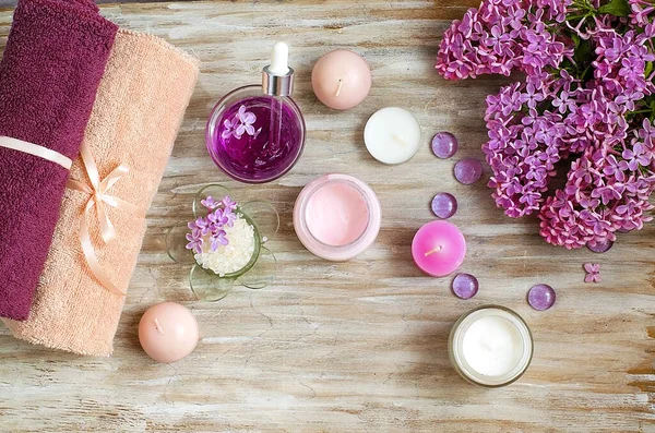 Flores Lado Cosméticos Orgânicos Naturais Toalhas Rosto Velas Cuidados Com — Fotografia de Stock