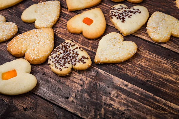 Background Homemade Heart Shaped Cookies Sesame Seeds Flax Seeds Candied — Stock Photo, Image