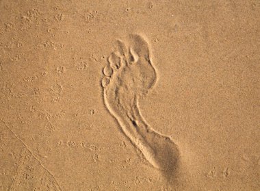 Sahildeki ıslak kumda tek bir insan ayak izi.