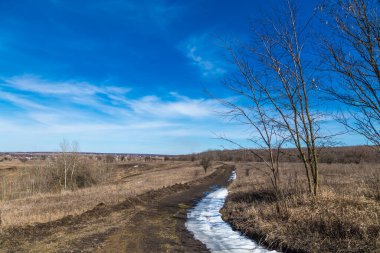 Baharın başında tarlada manzara. Güneşli bir günde eriyen karla dolu kirli bir yol
