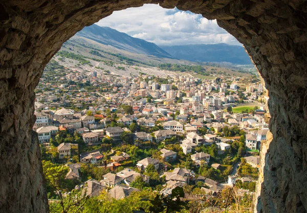 Pohled Staré Město Gjirokaster Hradu Albánie — Stock fotografie