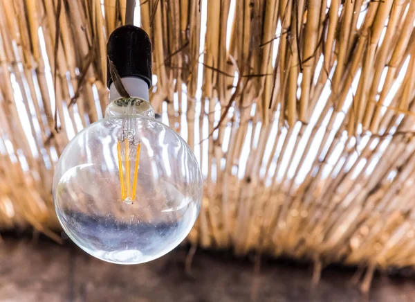 Modern energy-saving filament led bulb in a house with a thatched roof, modern technology, ecology concept.