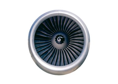 Modern yolcu jet uçağının motoru. Dönen fan ve beyaz arkaplanda izole.
