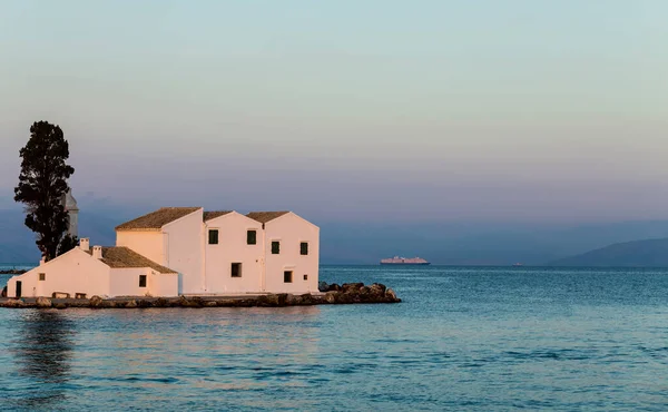 Church Panagia Vlacherna Cape Kanoni Corfu Kerkyra Greece Tranquil Sunset — Stock Photo, Image