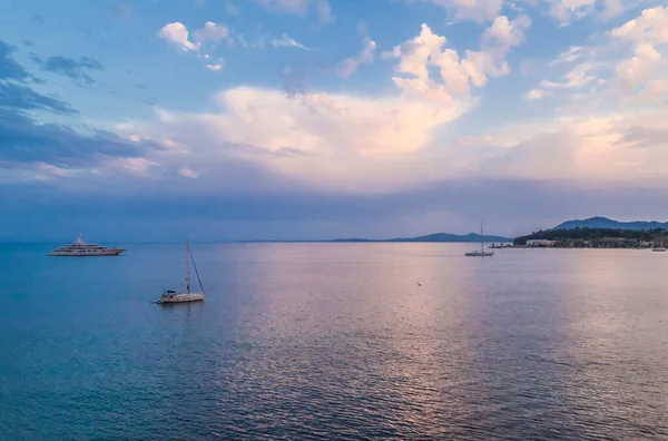 View Sea Cruise Ship Sunset Fortress Corfu Island Greece Dramatic — Stock Photo, Image