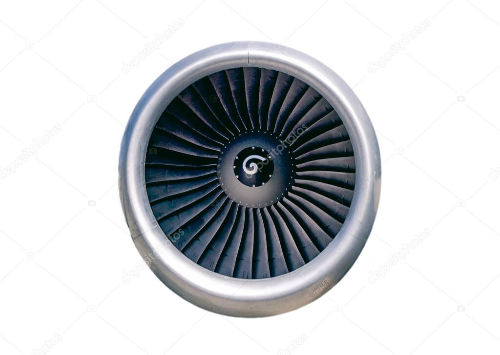 Engine of modern passenger jet airplane. Rotating fan and Isolatred on white background.