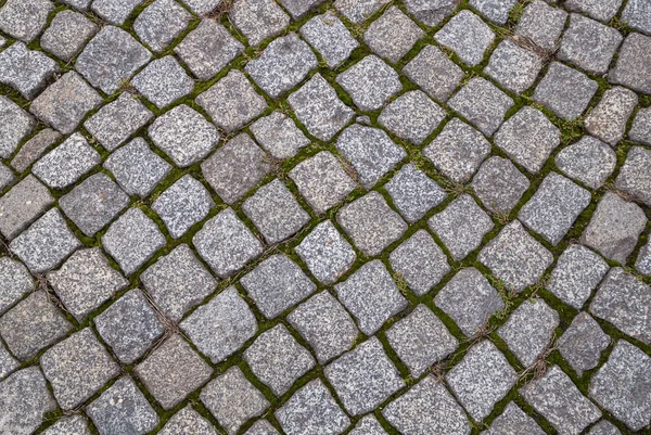 Horní Pohled Dlažební Kostku Zeleným Mechem Rostoucím Mezi Mezerami Zblízka — Stock fotografie