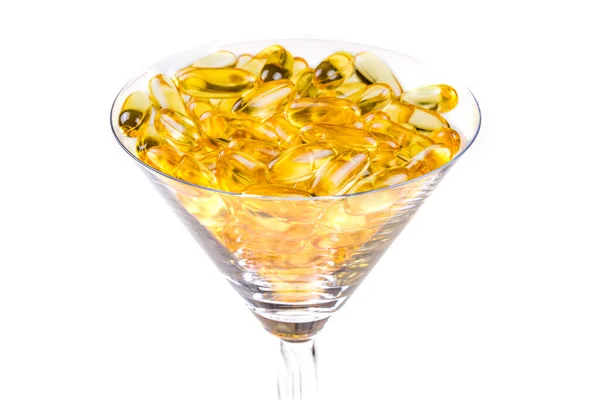 Vase Verre Transparent Avec Huile Poisson Jaune Orange Capsules Softgels — Photo