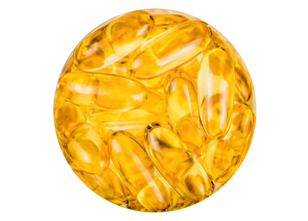 鱼油橙黄色软胶包裹鱼油欧米加3在一个环视药瓶从上方分离的白色背景 健康饮食概念 — 图库照片