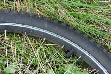 Çimlerin üzerinde bisiklet tekerleği