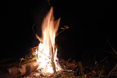 Uzun alev ve kıvılcımlarla gece kamp ateşi