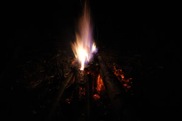 長い炎と火花で夜のキャンプファイヤー ロイヤリティフリーのストック写真