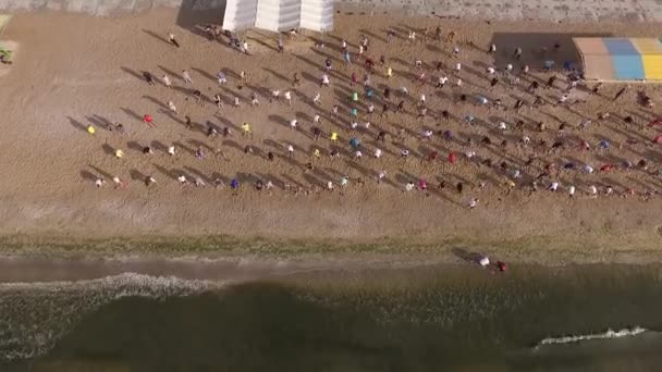 Luchtfoto 's van enkele honderden mensen doen sportoefeningen aan de kust bij zonnig weer. Bovenaanzicht — Stockvideo