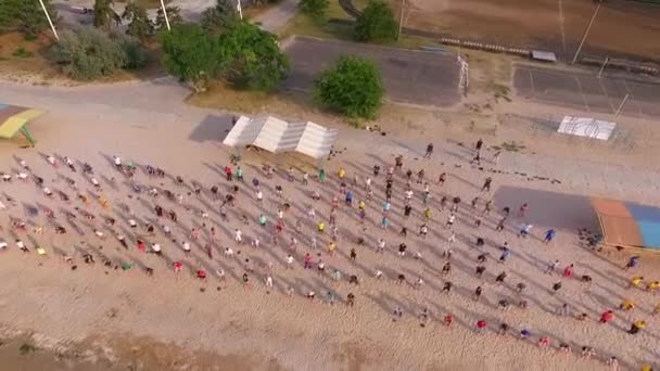 Aerial view of a group of three hundred people doing morning exercises on the Black Sea. Sports activities on the beach. — Stock Video