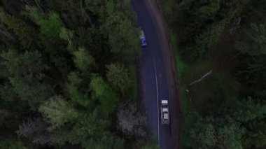 Büyük bir çekicinin hava görüntüsü orman yolunda bozuk bir araba taşıyor..