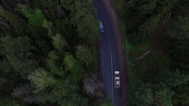 숲 속 의도 로를 따라 파손 된 차를 싣고 가는 커다란 견인차를 공중에서 본 모습. — 비디오