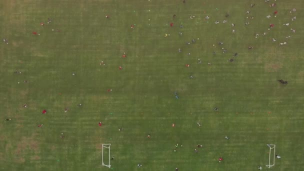 Vista Aérea Del Entrenamiento Fútbol Campo Fútbol Girando Desde Arriba — Vídeo de stock