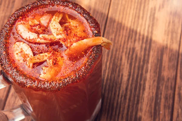 Michelada Beer Tomato Juice Shrimp Clamato Beer Wooden Table Mexican — Stock Photo, Image