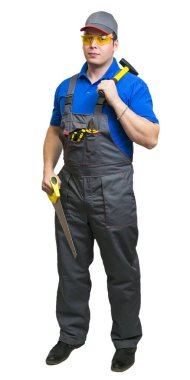 Testere ve sarı gözlüklü bir marangoz.