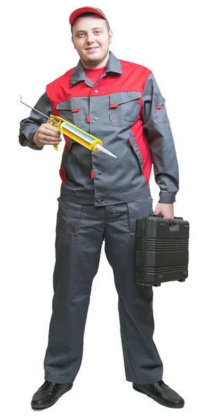 Reparatör Med Resväska Grå Uniform — Stockfoto