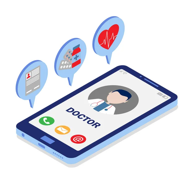  İnternetten bir doktora danış. İnternet tıbbı. Vektör izometrik çizim. Mavi renk.