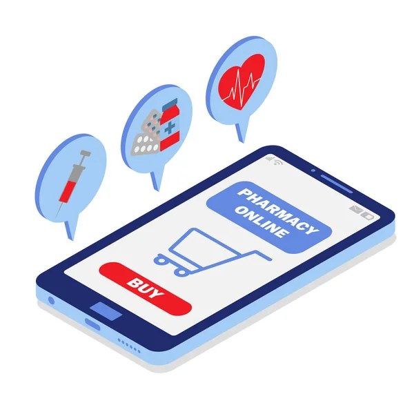  Ekranda online eczane olan telefon. İnternetten ilaç al. Vektör izometrik illüstrasyon. Mavi renk.