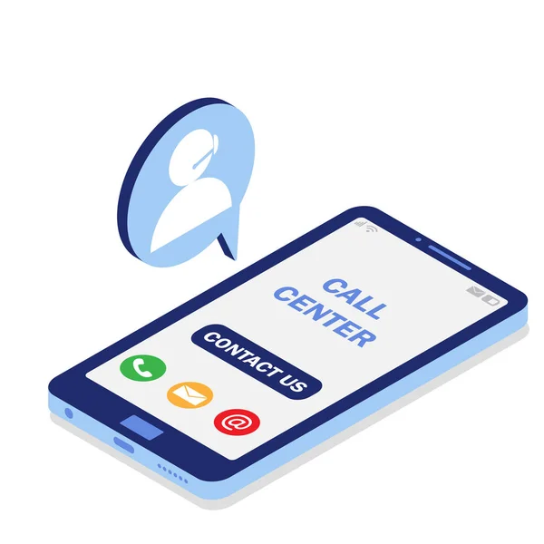  Çağrı merkeziyle telefonda haberci var. İnternetten yardım. Online servis. Vektör izometrik çizim. Mavi renk.