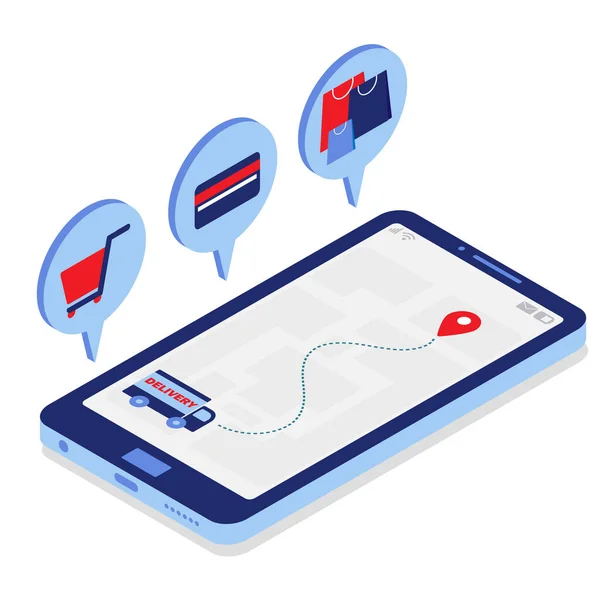  İnternetten alışveriş ve teslimat. İzleyicinin siparişleri ve simgeleri satın alma sembolleriyle izlediği Isometric tarzı telefon. Vektör izometrik illüstrasyon.