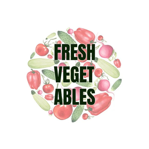 Hand drawn watercolor vegetables an lettering Fresh Vegetables on white background. Logo for farm market, vegan shop.