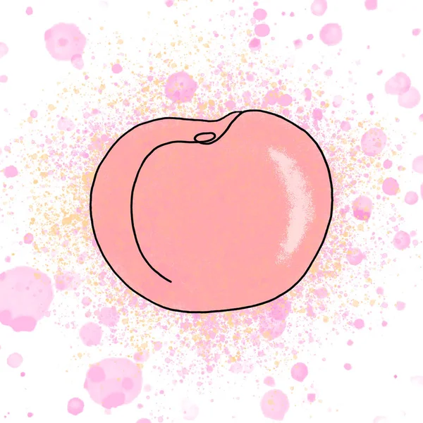 Hand drawn peach on white background with pink splashes. Can be used as logo or icon.