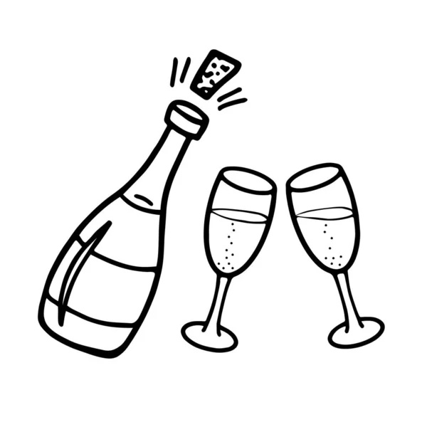 Ручной Эскиз Бутылки Шампанского Двух Бокалов Векторная Иллюстрация Изображение Любого — стоковый вектор