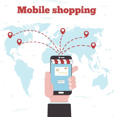 Dünya mobil hat sanat tarzı alışveriş kavramı. Bankacılık ve finans, para havale, mobil ödeme, perakende ve alışveriş. Havale ile smartphone. PIN işaretçiler dünya haritası üzerinde