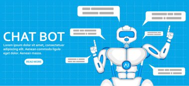 Bot konuşma balonları ile sohbet. Trendy sohbet etmek uygulama ile diyalog penceresi. Sanal çevrimiçi yardım müşteri desteği. Fütüristik yapay zeka mekanizması teknoloji. AI haberci bayrak