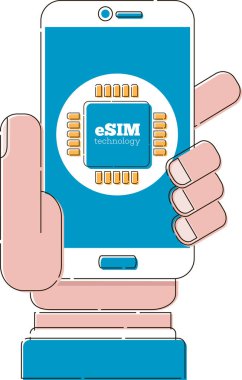 İnsan eli holding smartphone esim kart çip ile ekranda oturum açın. Yenilik hareket eden eğilim. Katıştırılmış SIM kavramı. Yeni mobil iletişim teknoloji vektör çizim düz stil.