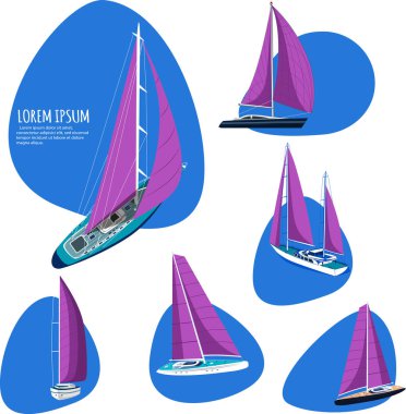 Yelkenli tekne ile yat kulübü sopa. Sportif gemi mor Yelkenli. Lüks yat yarışı, regatta rozet vektör çizim yelken deniz. Deniz dünya çapında seyahat