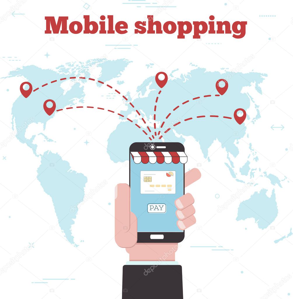 World mobile shopping concept in line art style. Banking and finance, money remittance, mobile payment, retail and shopping. Transfer money with smartphone. Pin pointers on world map