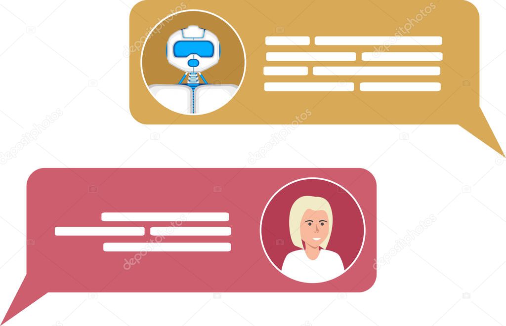 Smart chatbot for your business concept. Future internet marketing. Chat bot and woman icons with speech bubbles. Trendy chatbot application with dialogue window. Smart chatbot for your business