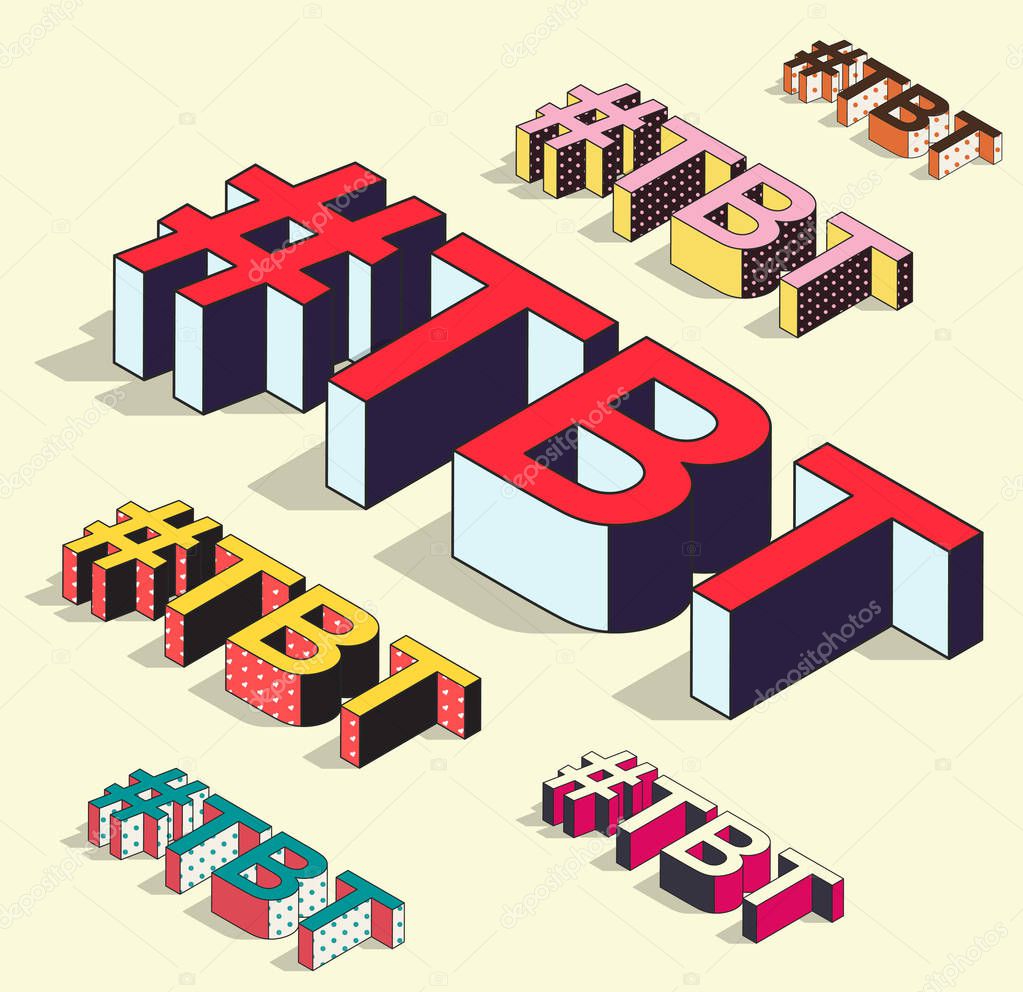 Isometric hashtag - tbt. Social media isolated vector element with shadow. Throw back thursday icon for messengers. Internet blogging, post notice symbol. World network communication and microblogging